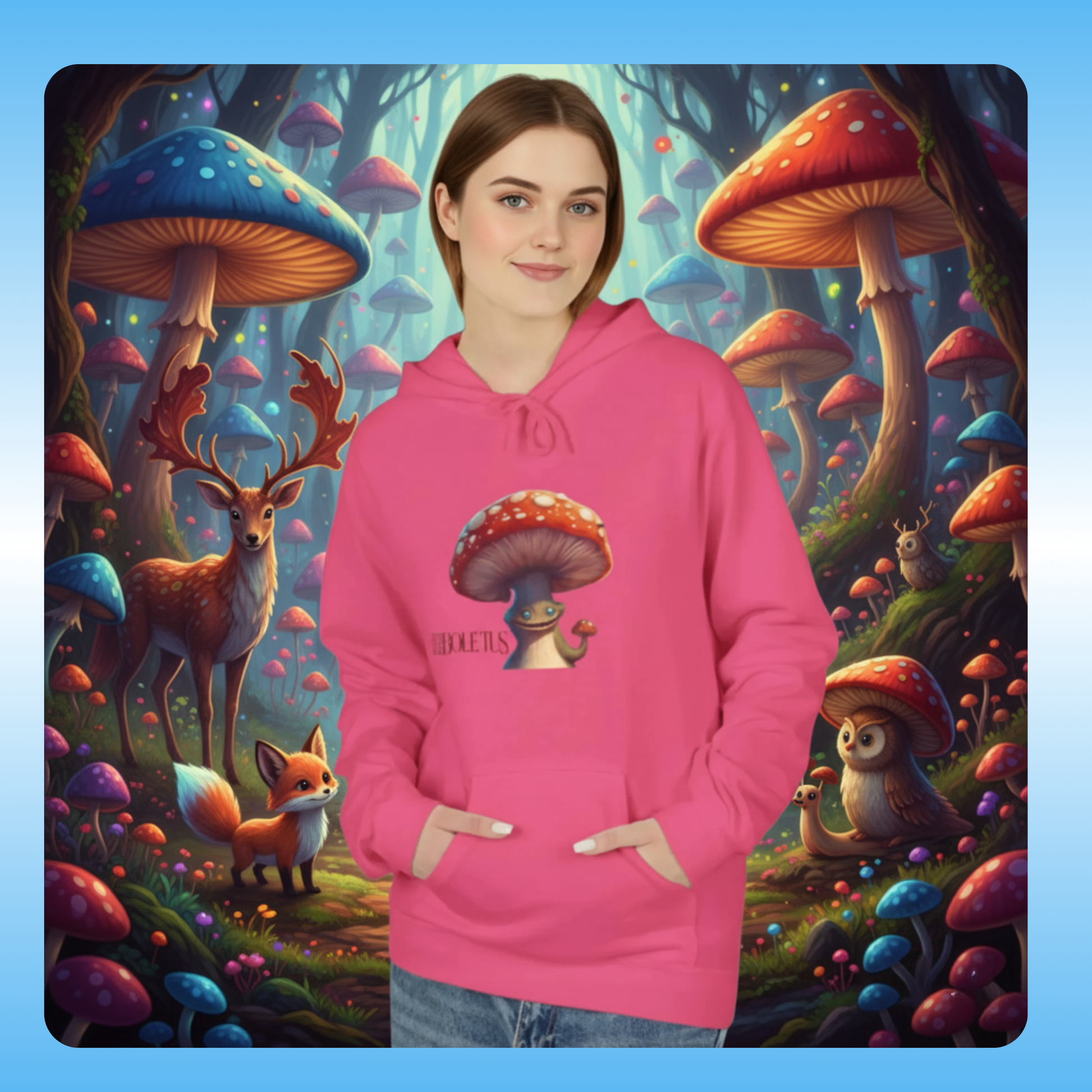 Boletus | Fleece Pullover Hoodie Eco-Friendly & Cozy | Paddle Frogs™ Magic Mushroom Forest lady enters and sees