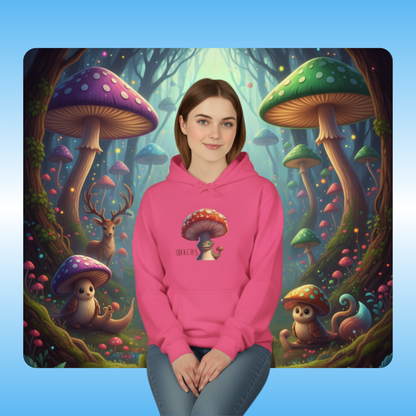 Boletus | Fleece Pullover Hoodie Eco-Friendly & Cozy | Paddle Frogs™ Magic Mushroom Forest lady enters and sees creatures young woman wearing a pink hoodie with mushroom design in front of a fantasy forest background