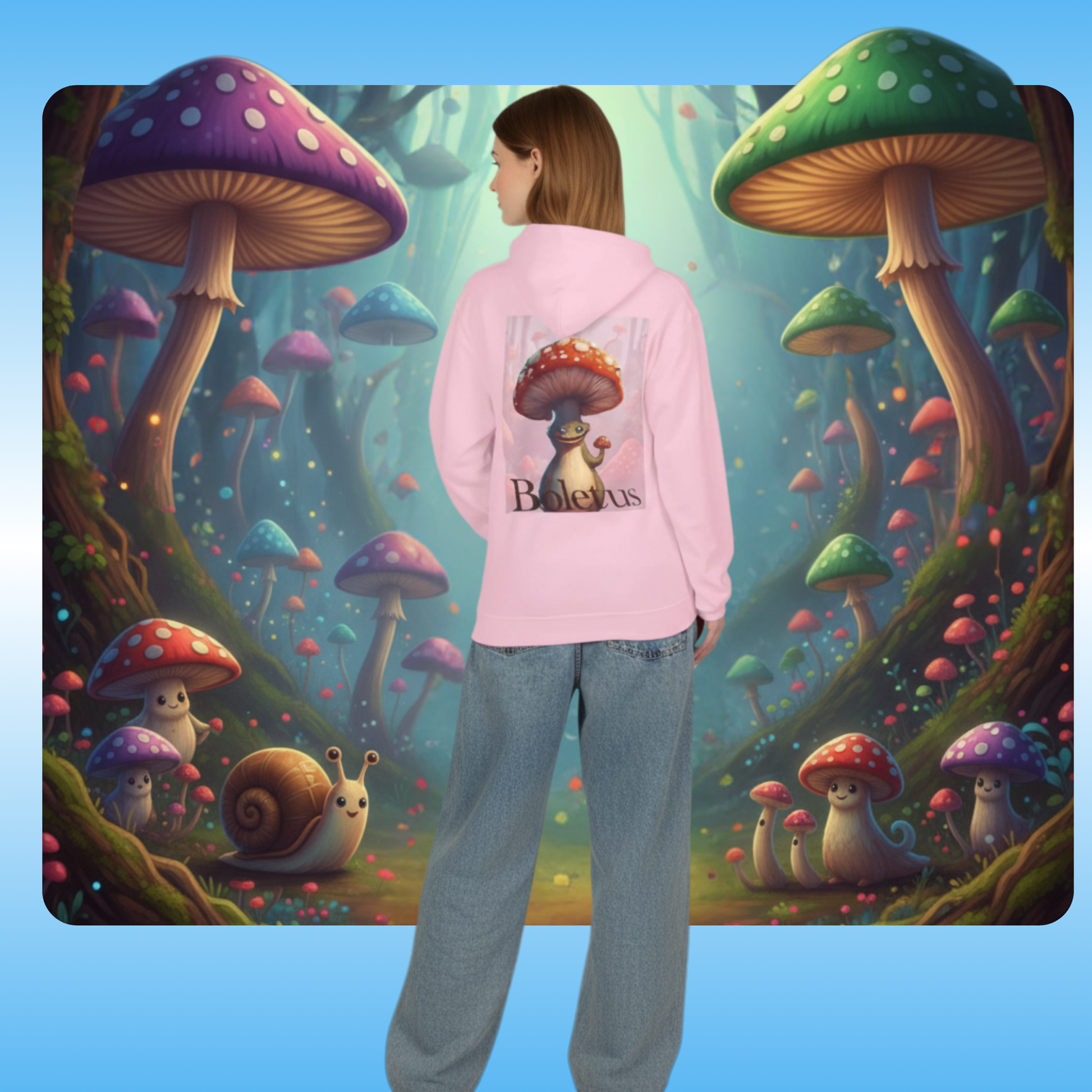 Boletus | Fleece Pullover Hoodie Eco-Friendly & Cozy | Paddle Frogs™ Magic Mushroom Forest lady enters and sees creatures light pink | Young lady wearing a pink hoodie with mushroom design in front of a colorful mushroom forest