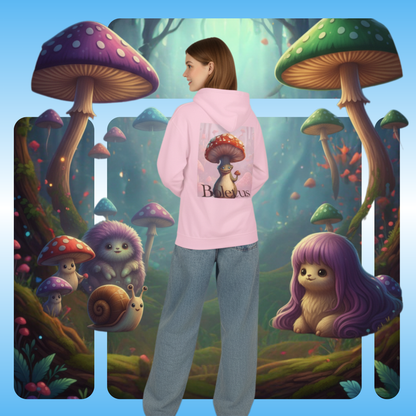 Boletus | Fleece Pullover Hoodie Eco-Friendly & Cozy | Paddle Frogs™ Magic Mushroom Forest lady enters and sees creatures light pink Puzzle Pieces  | Person wearing a pink hoodie with a cartoon design of a snail and a creature with purple hair, standing in front of a colorful mushroom forest.