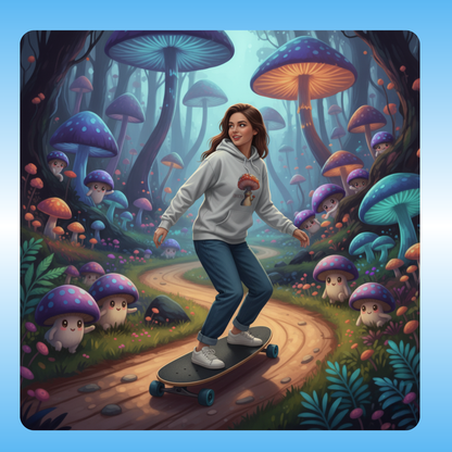 Boletus | Fleece Pullover Hoodie Eco-Friendly & Cozy | Paddle Frogs™ Magic Mushroom Forest lady enters and sees creatures woman on Longboard Skateboard | Person skateboarding through a fantasy forest with colorful mushrooms