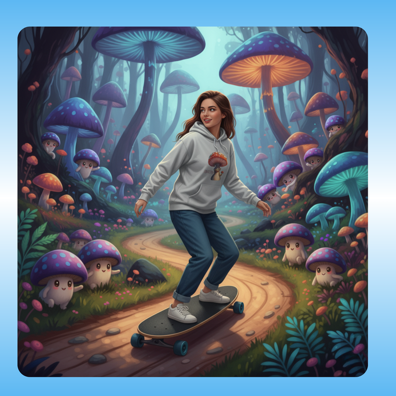 Boletus | Fleece Pullover Hoodie Eco-Friendly & Cozy | Paddle Frogs™ Magic Mushroom Forest lady enters and sees creatures woman on Longboard Skateboard | Person skateboarding through a fantasy forest with colorful mushrooms