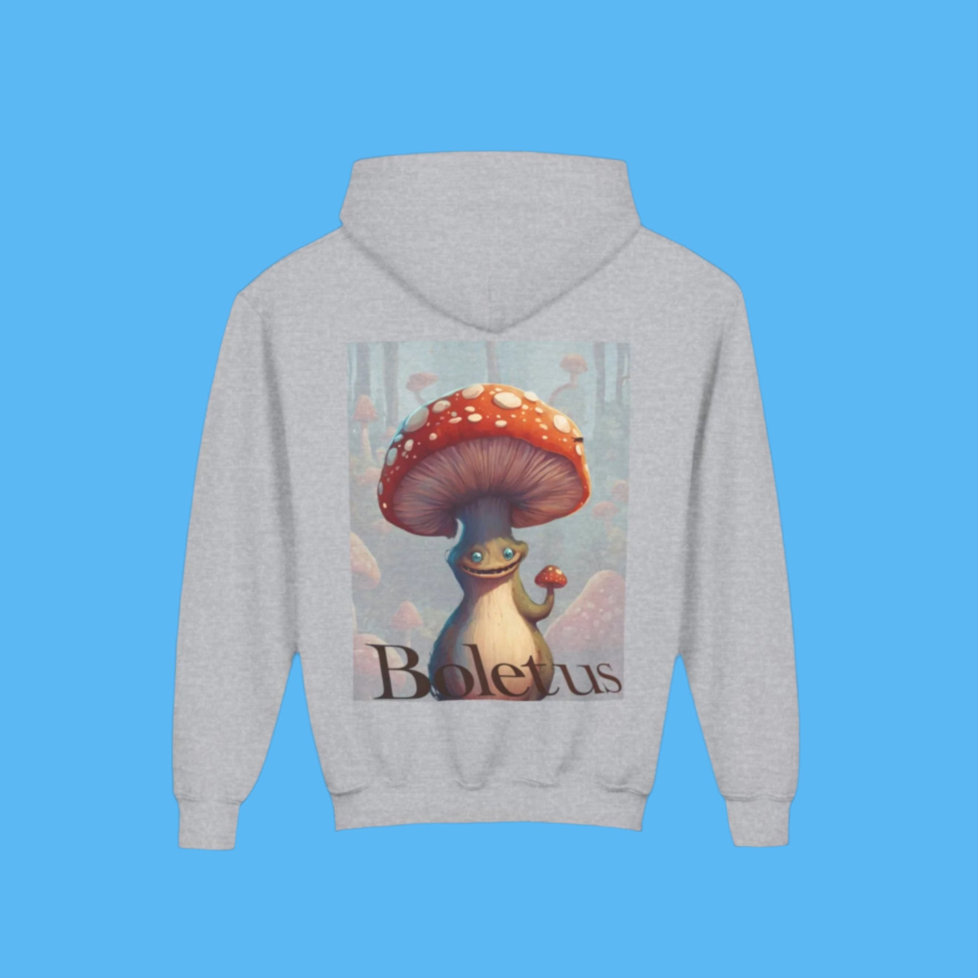Boletus Gray hoodie Paddle Frogs mushroom character. Kangaroo Pocket, Hood, Cozy, kids and young adults, youth hooded jacket coat in Grey