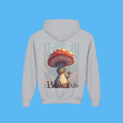 Boletus Gray hoodie Paddle Frogs mushroom character. Kangaroo Pocket, Hood, Cozy, kids and young adults, youth hooded jacket coat in Grey