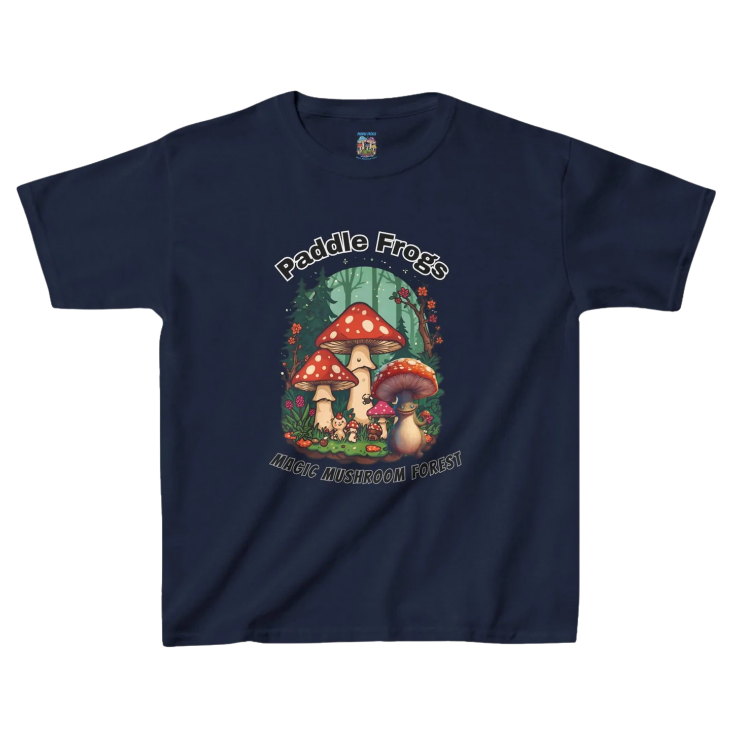 Boletus | Magic Mushroom Forest Youth Tee - Paddle Frogs™ Kids Navy blue t-shirt with a colorful graphic of mushrooms and frogs 