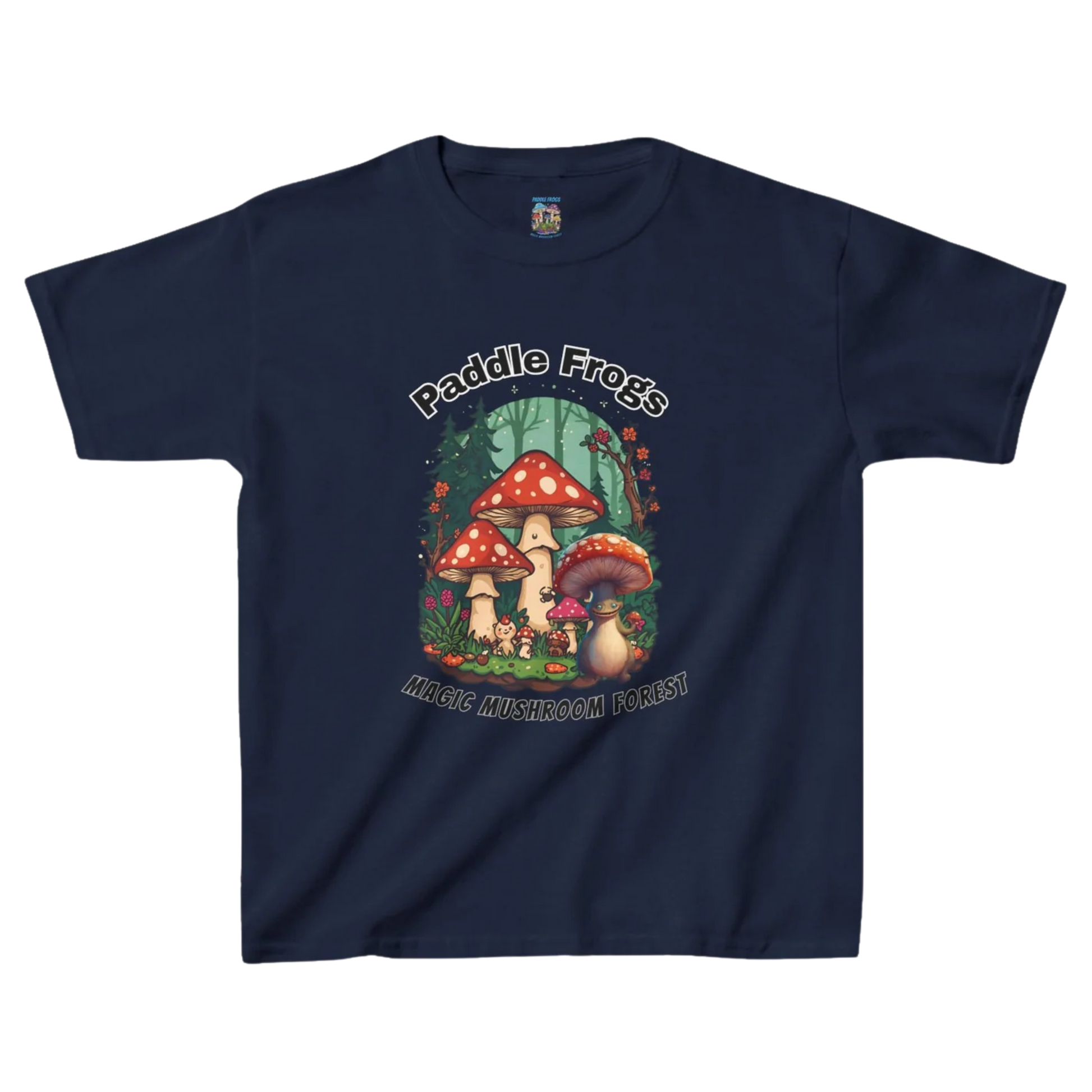 Boletus | Magic Mushroom Forest Youth Tee - Paddle Frogs™ Kids Navy blue t-shirt with a colorful graphic of mushrooms and frogs 