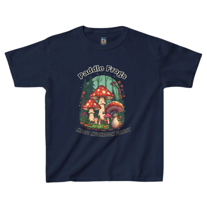 Boletus | Magic Mushroom Forest Youth Tee - Paddle Frogs™ Kids Navy blue t-shirt with a colorful graphic of mushrooms and frogs 