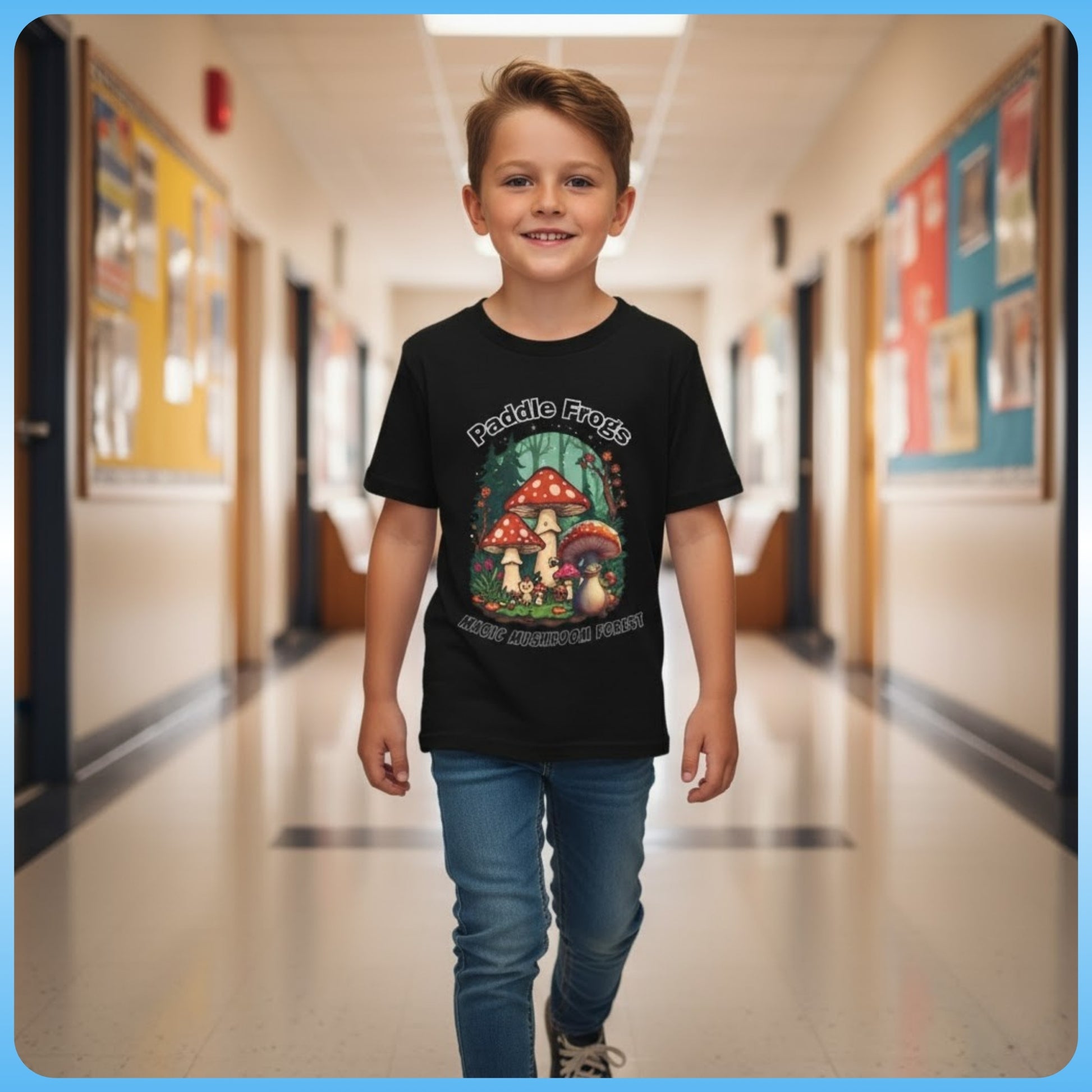 Boletus | Paddle Frogs Kids Tee boy in black at school