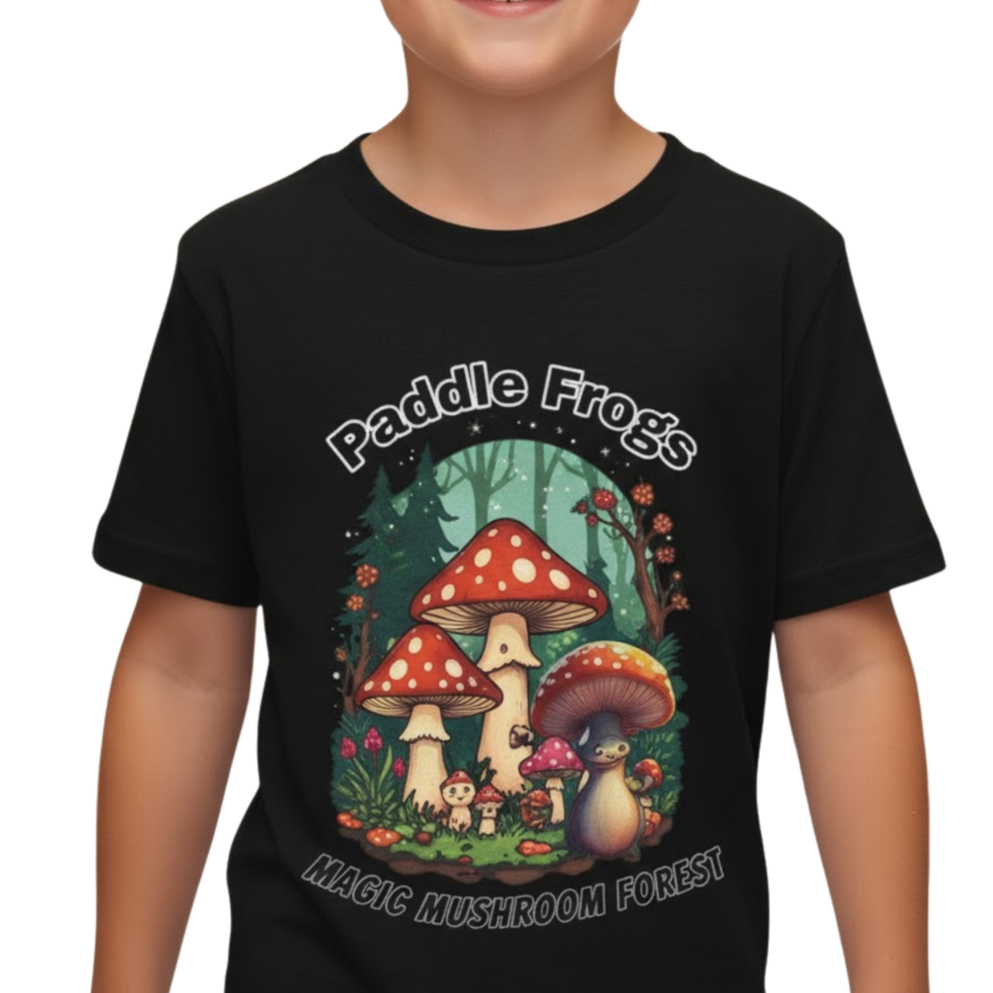 Boletus | Paddle Frogs Kids Tee boy in black on a transparent background