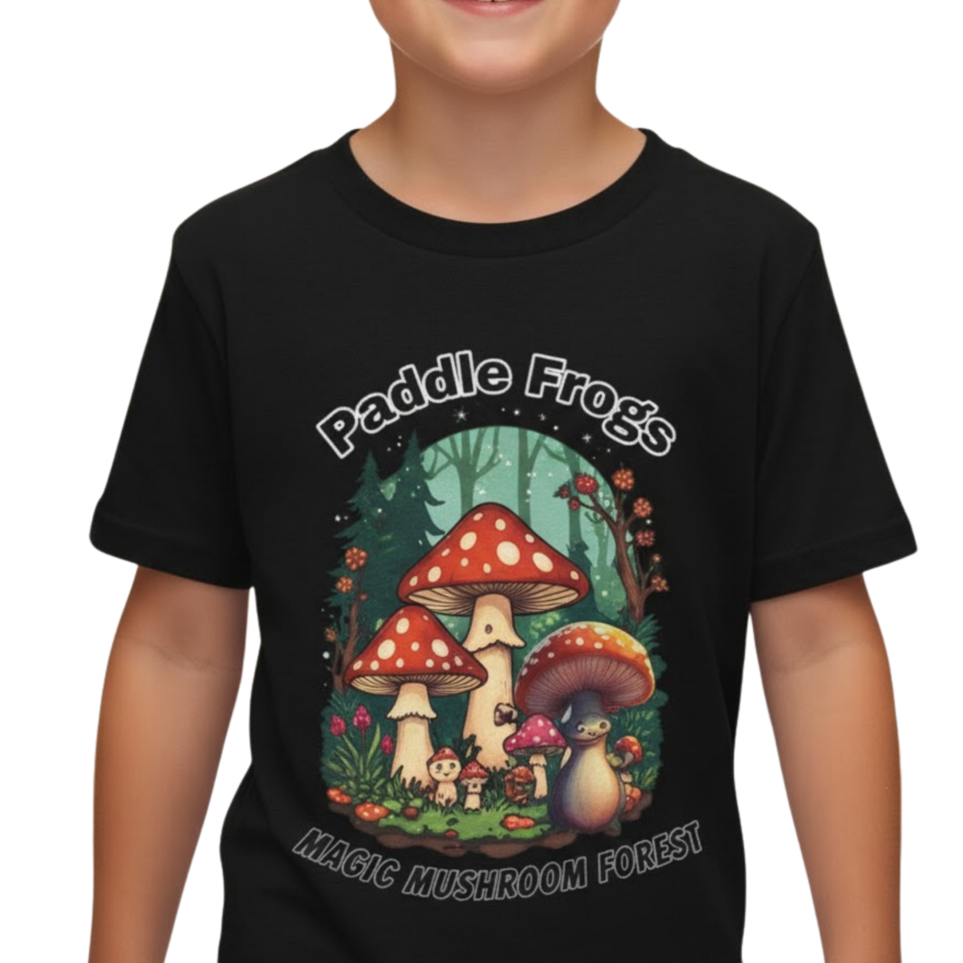 Boletus | Paddle Frogs Kids Tee boy in black on a transparent background