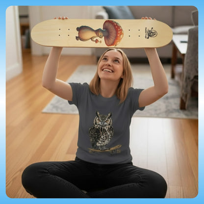 Boletus Skateboard Deck – 7-7/8" x 31.75" Paddle Frogs™ crisscross applesauce wearing Wise Owl Skate & Paddle Tee