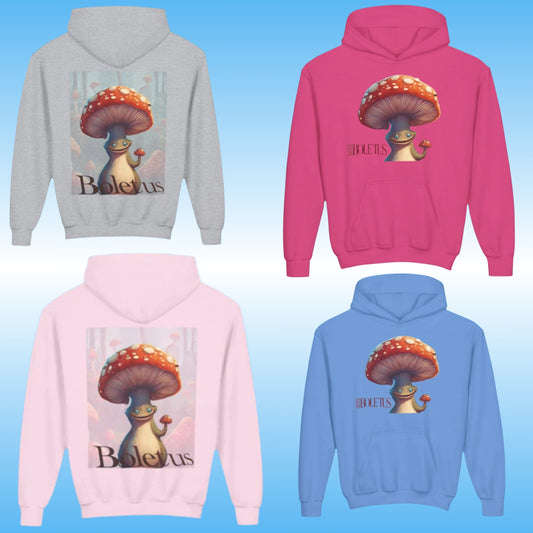 Boletus Youth hoodie sweatshirt by Paddle Frogs Outdoor Gear USA 4 four colors pink x2 grey blue the creature from the stories, the mushroom legend in your new hooded jacket Four hoodies in gray, pink, blue, and light blue with a mushroom graphic and 'Boletus' text on a gradient blue background.