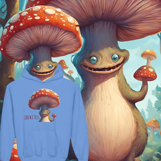 Boletus Youth hoodie sweatshirt by Paddle Frogs Outdoor Gear USA the creature from the stories, the mushroom legend in your new hooded jacket Illustration of a blue hoodie with a mushroom design, featuring a cartoonish character with a mushroom-shaped head.