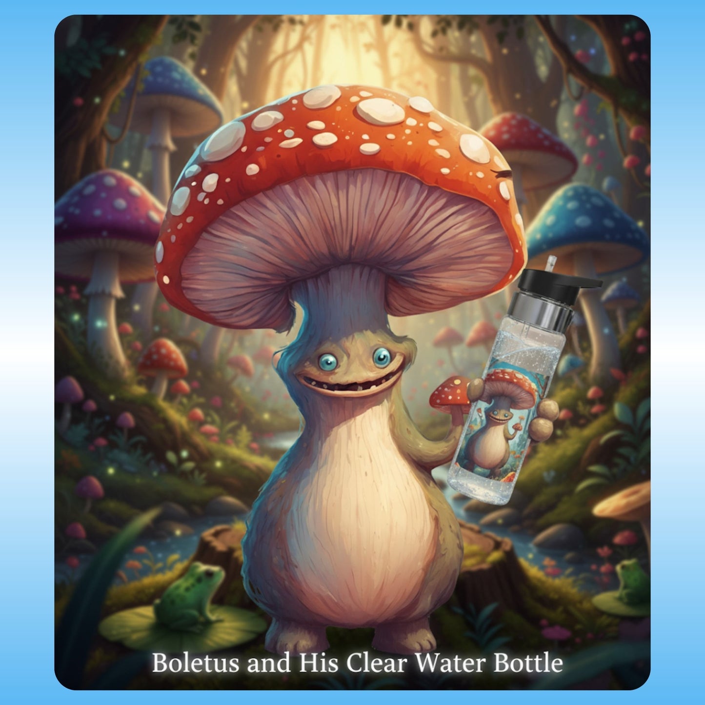 Stay in the flow state with the Paddle Frogs™ Boletus' clear Tritan water bottle. Durable, spill-free 20oz design for school, skating, or paddling. Shop the official collection. Illustration of a mushroom creature holding a clear water bottle in a forest setting