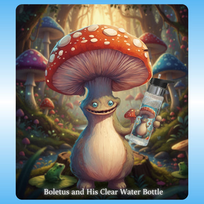 Stay in the flow state with the Paddle Frogs™ Boletus' clear Tritan water bottle. Durable, spill-free 20oz design for school, skating, or paddling. Shop the official collection. Illustration of a mushroom creature holding a clear water bottle in a forest setting