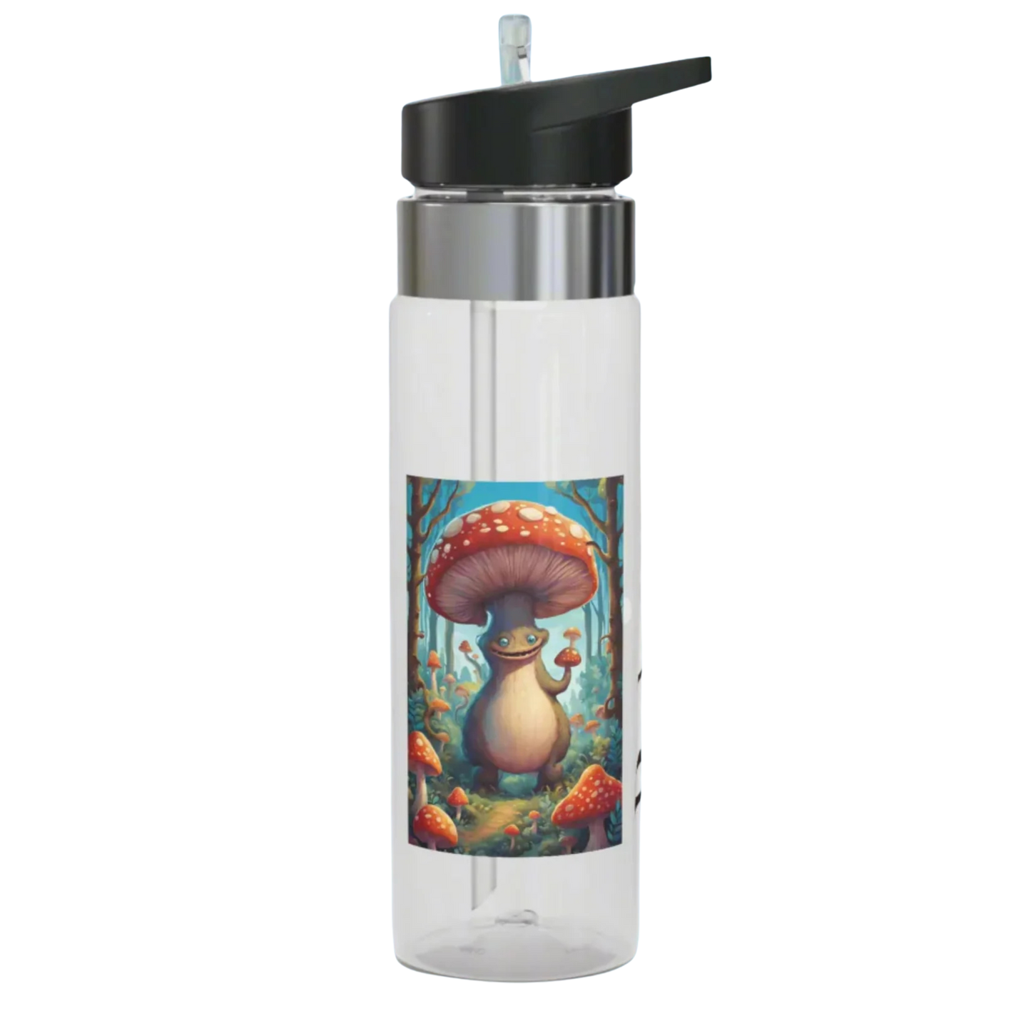 Boletus Clear water bottle with a colorful mushroom design on a white background
