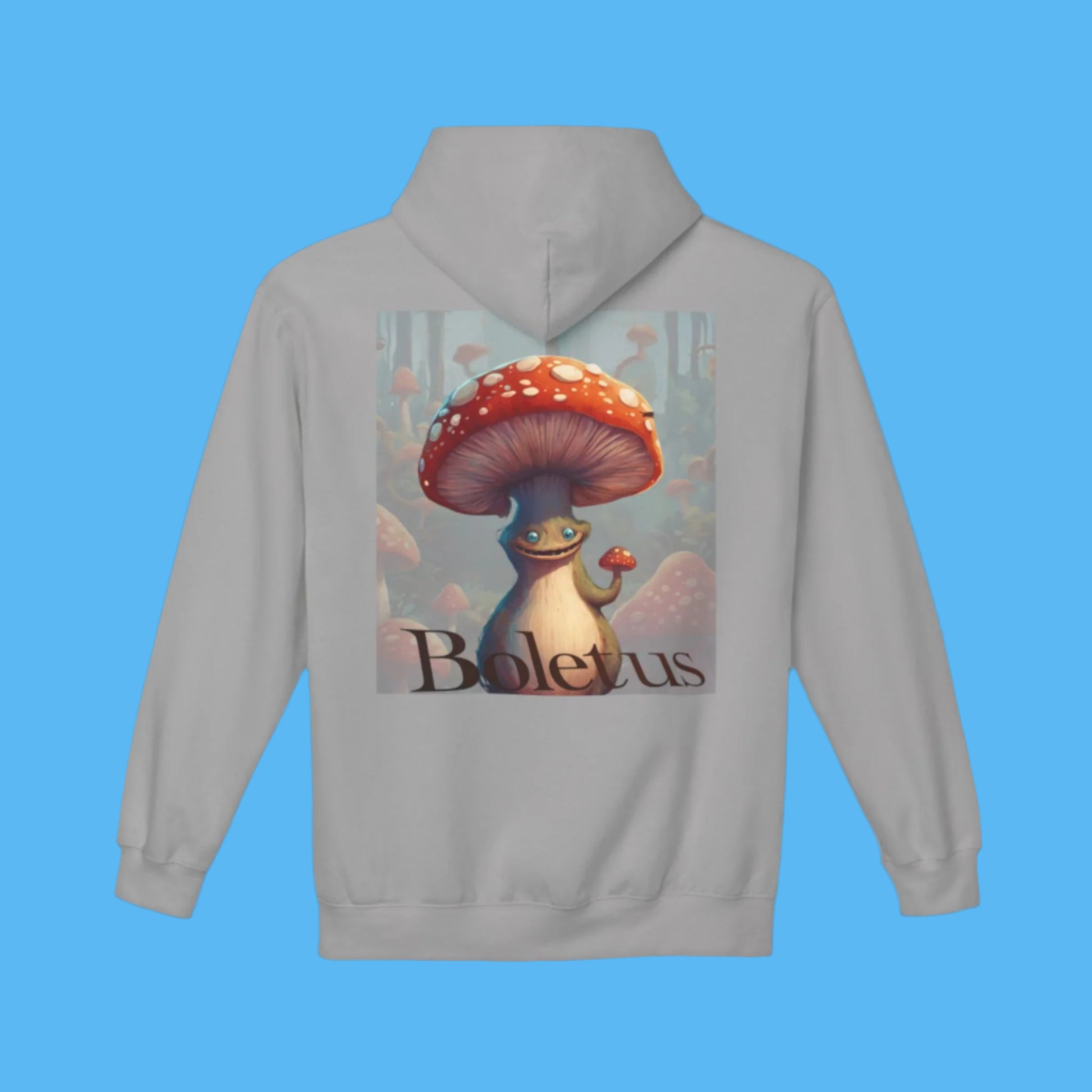 Boletus concrete grey Hoodie Paddle Frogs mushroom character graphic hooded jacket with pockets, Boletus on front and back chill out with cement paved gray cozy hood coat