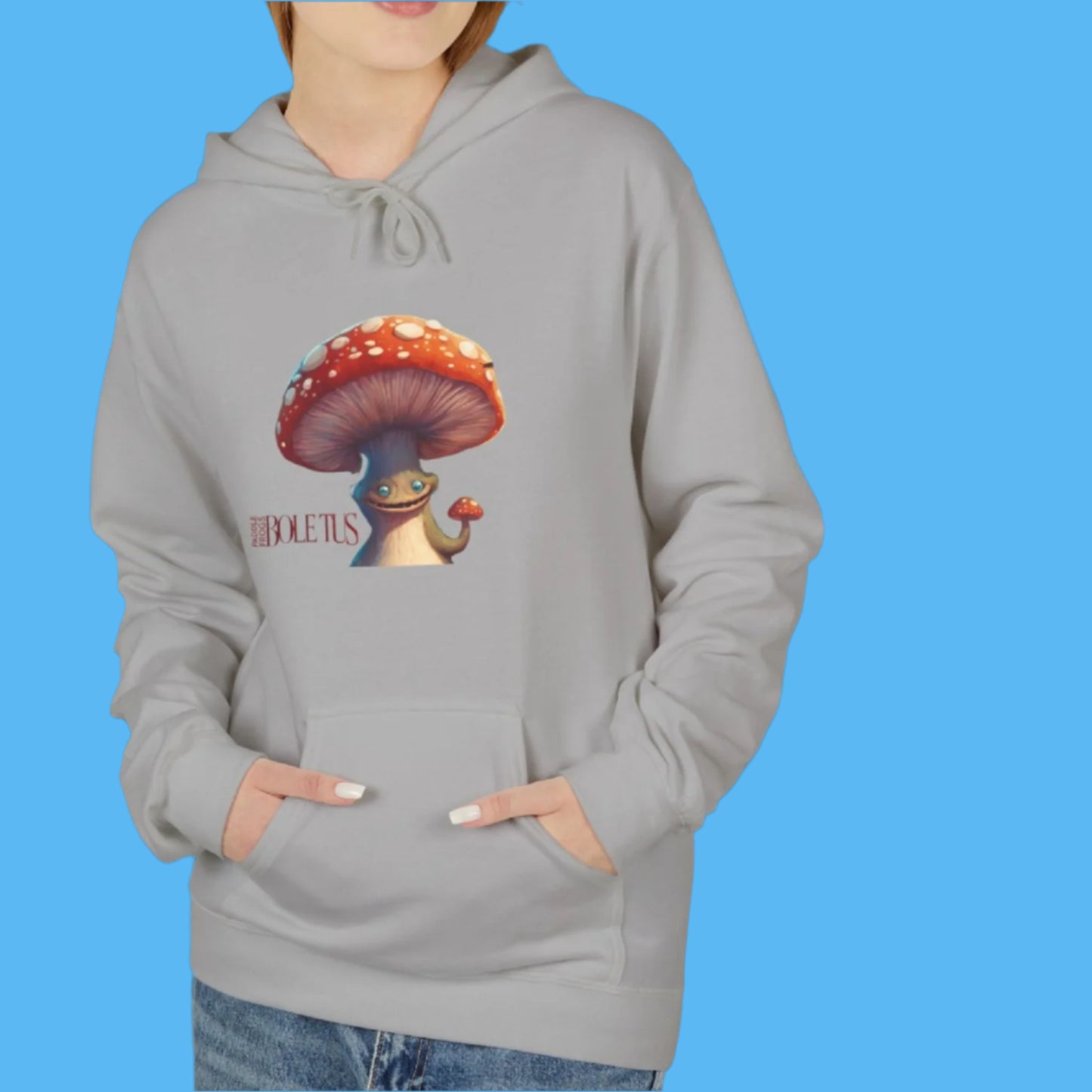 Boletus concrete grey Hoodie Paddle Frogs mushroom character graphic hooded jacket with pockets, Boletus on front and back chill out with cement paved gray cozy hood coat Pictured on a lady but this garment is unisex