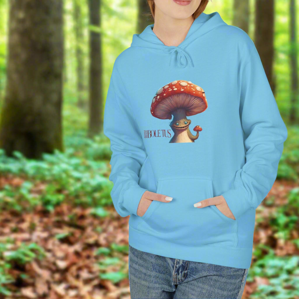 Boletus is calling in this Bright Beautiful Blue Hoodie Paddle Frogs mushroom character graphic hooded jacket with pockets, Boletus on front and back chill out with cement paved Bright Blue cozy hood coat Pictured on a lady but this garment is unisex It's HOT!