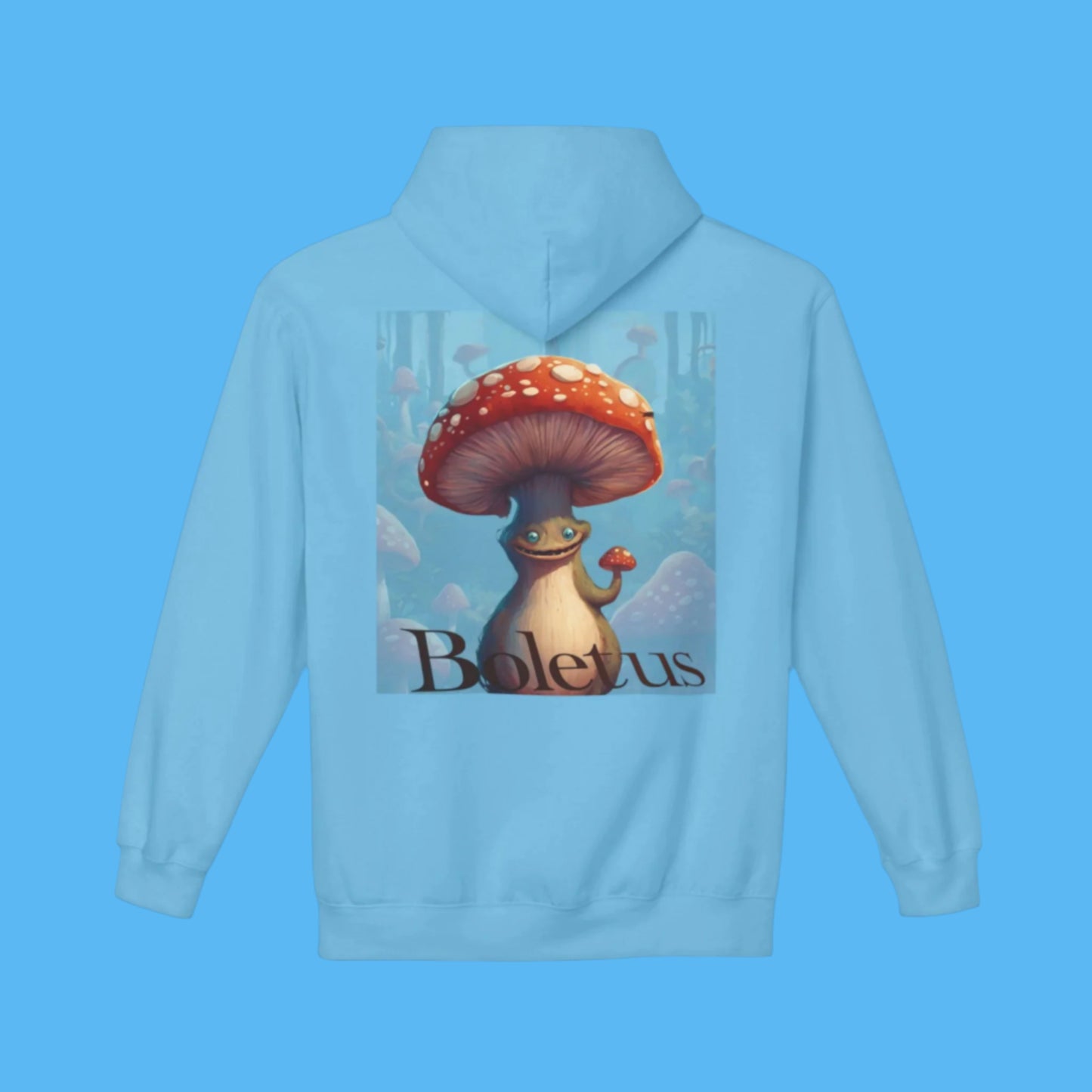 Boletus is calling in this Bright Beautiful Blue Hoodie Paddle Frogs mushroom character graphic hooded jacket with pockets, Boletus on front and back chill out with cement paved Bright Blue cozy hood coat Pictured on a lady but this garment is unisex