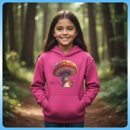 Boletus’s Bounce: The Forest-Floor Flight Jacket Heliconia Berry pink hoodie in the forest