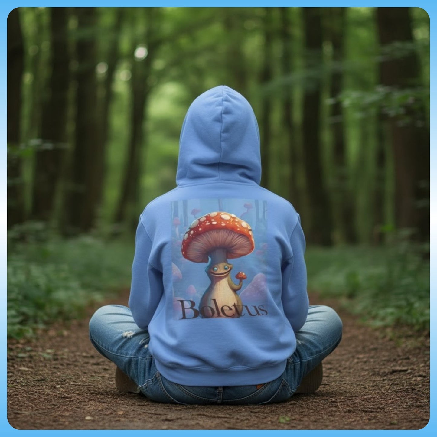 Boletus’s Bounce: The Forest-Floor Flight Jacket Carolina Blue hoodie in the forest sitting crisscross applesauce