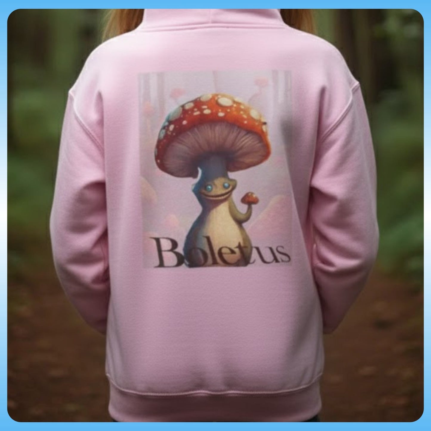 Pink hoodie with a cartoon mushroom design on the back, featuring the Paddle Frogs character 'Boletus'.