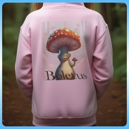 Pink hoodie with a cartoon mushroom design on the back, featuring the Paddle Frogs character 'Boletus'.