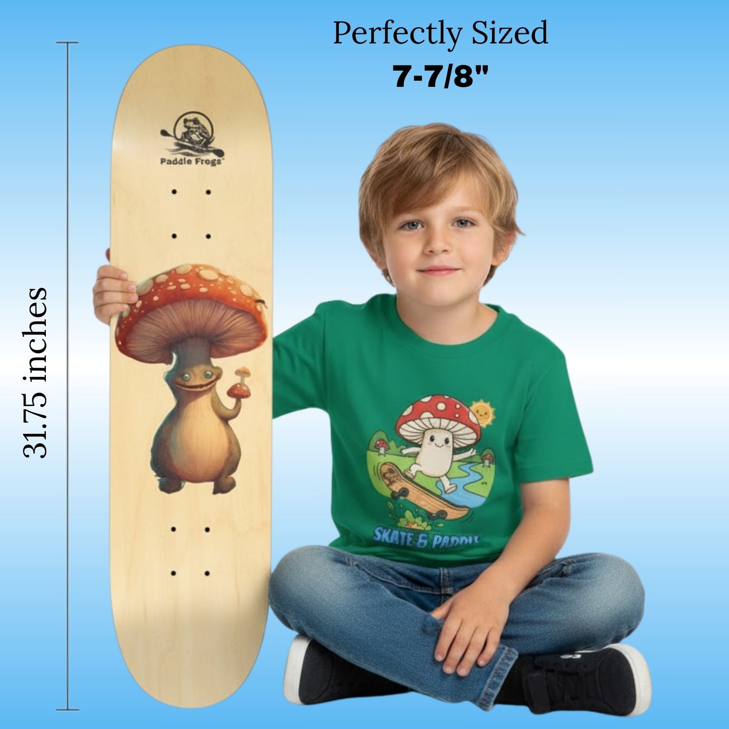 Boletus skateboard deck perfectly sized at  7-7/8 inches wide and 31.75 inches long