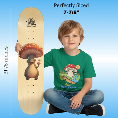 Boletus skateboard deck perfectly sized at  7-7/8 inches wide and 31.75 inches long
