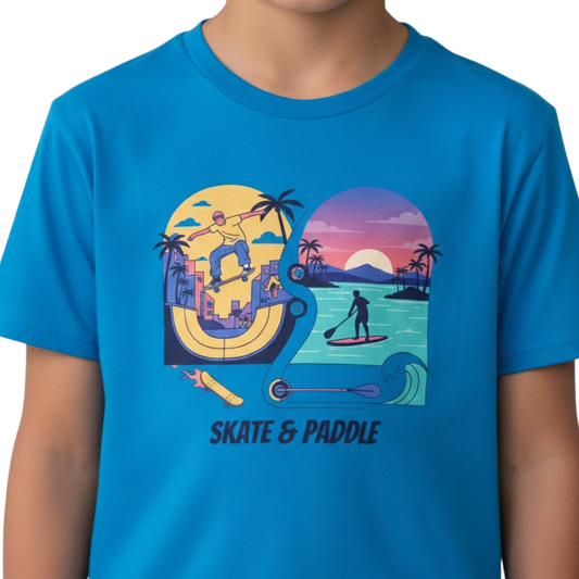 Blue t-shirt with 'Skate & Paddle' graphic design featuring a skateboarder and paddleboarder.
