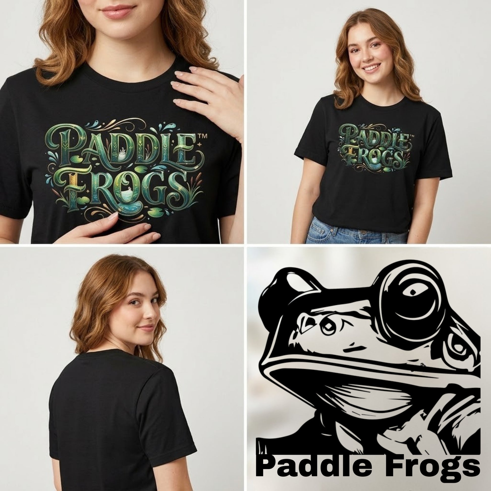 Four-panel collage showing a woman modeling a black graphic T-shirt from the front, back, and side, plus a large close-up of the shirt graphic. The shirt reads 'Paddle Frogs' in stylized green and gold lettering for paddleboarding.