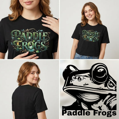 Four-panel collage showing a woman modeling a black graphic T-shirt from the front, back, and side, plus a large close-up of the shirt graphic. The shirt reads 'Paddle Frogs' in stylized green and gold lettering for paddleboarding.
