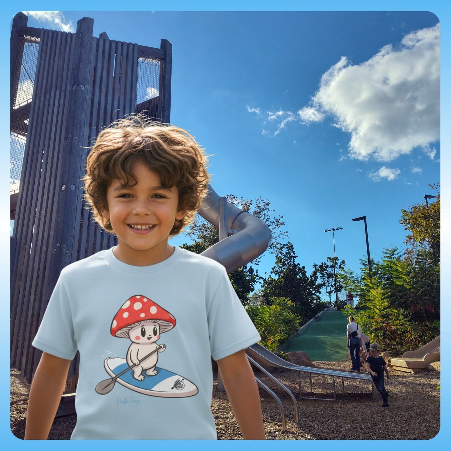 Boy wearing the - Shiro & the Divine Escape T-shirt (4 colors) Paddle Frogs™ Kids Mushroom Forest adventures in West Knoxville, Tennessee
