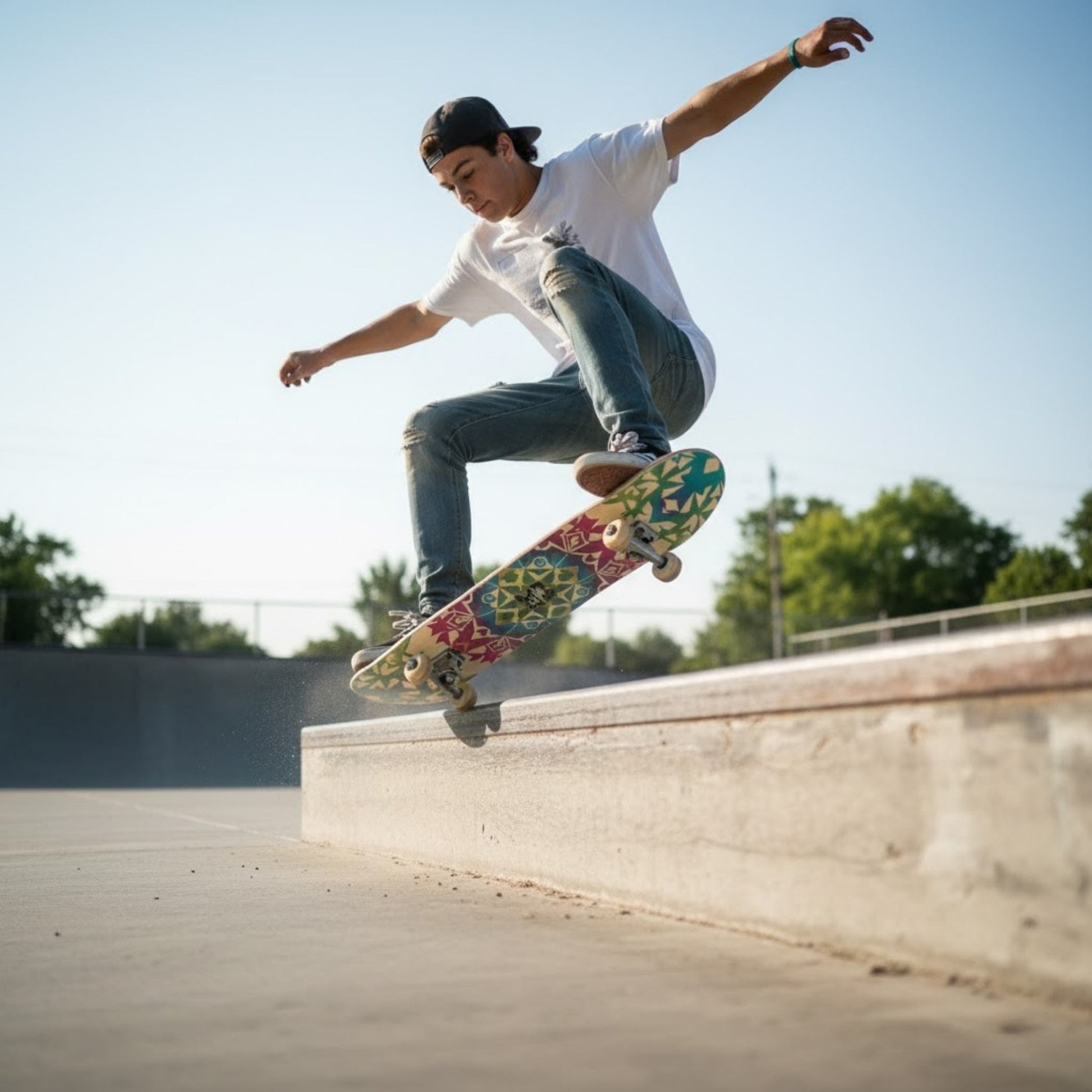 Bradley grinding the rail riding the Celestial Navigator: Star Dome 7.5 popsicle skateboard deck