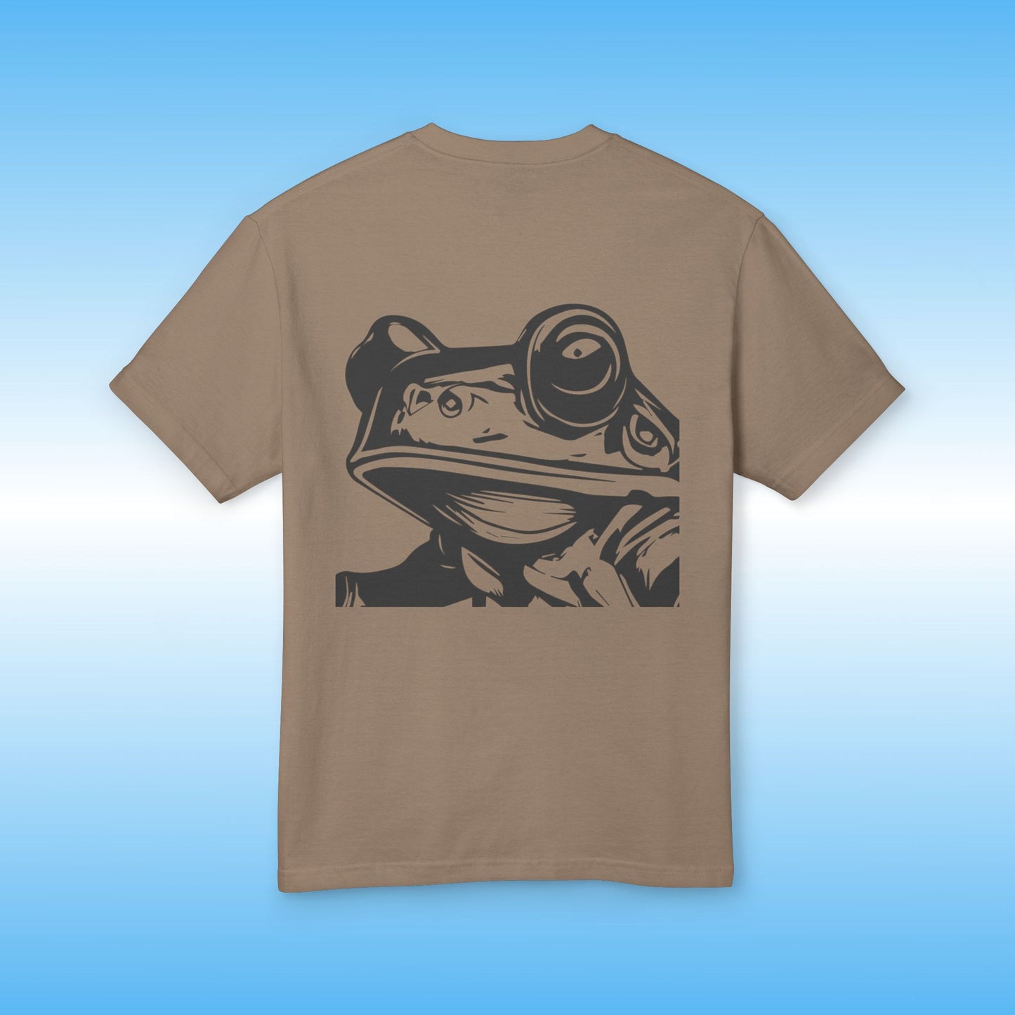 Brown t-shirt with a black frog graphic on a blue gradient background