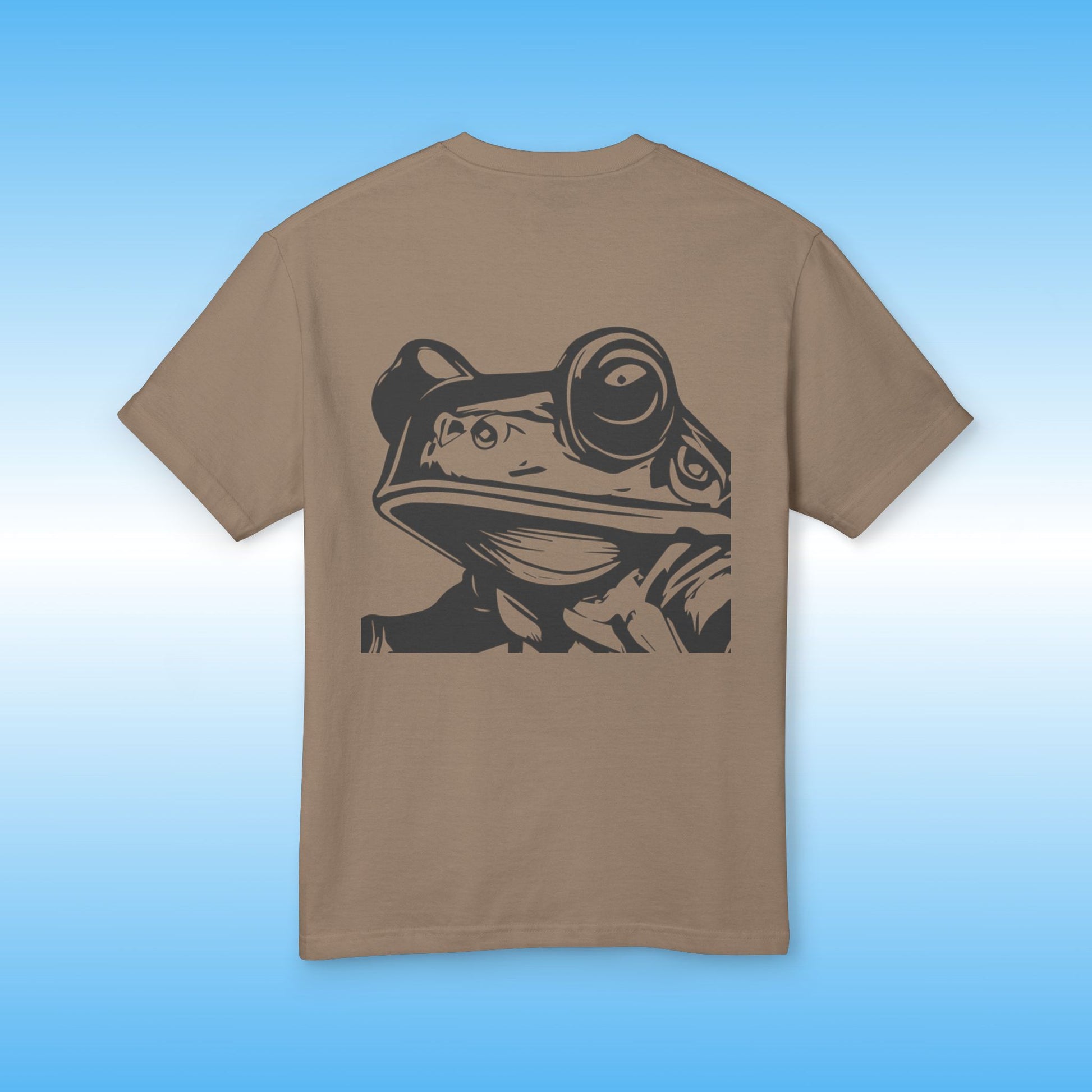 Brown t-shirt with a black frog graphic on a blue gradient background