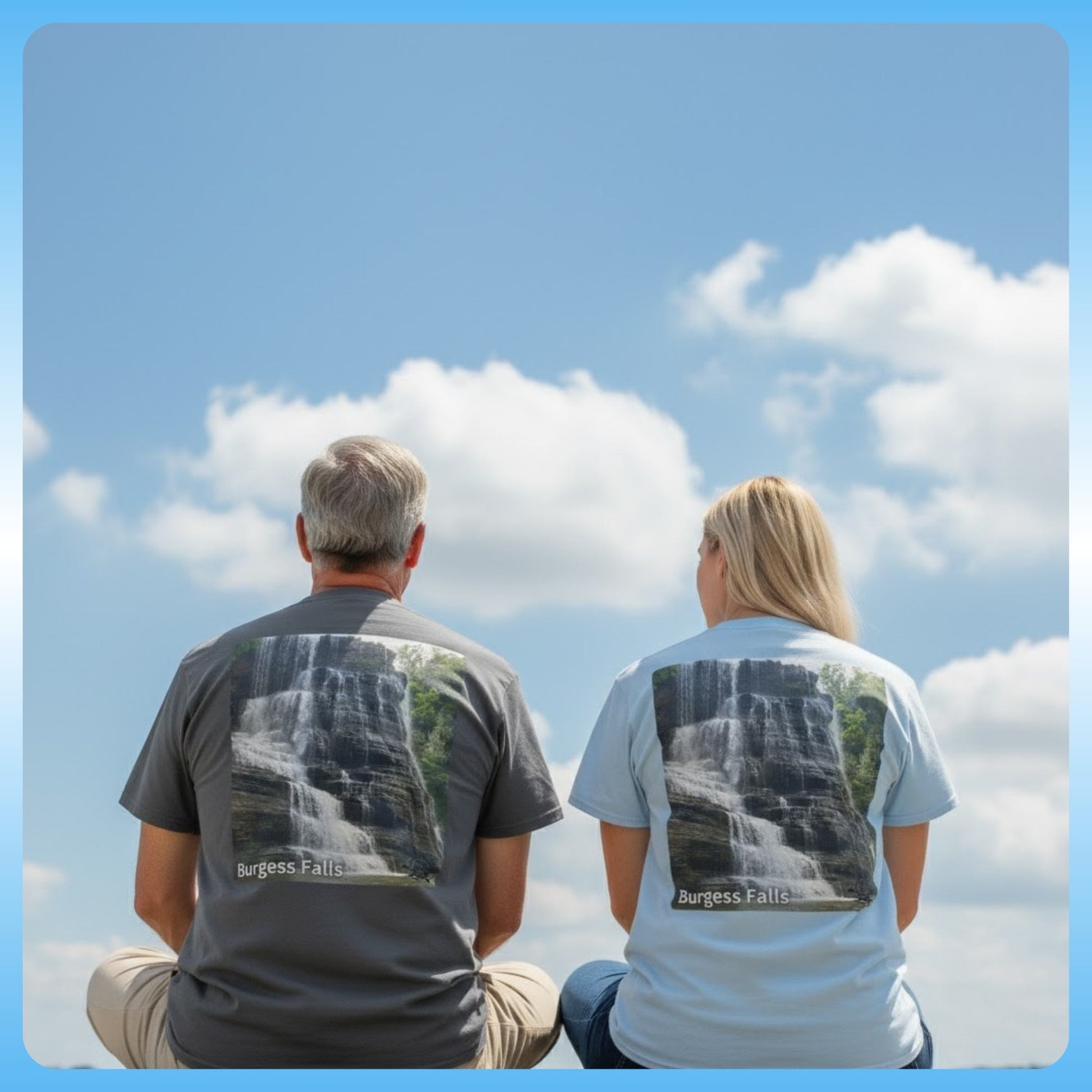 Burgess Falls 100% Cotton T-Shirt - 77-year-old man in the Charcoal Gray tee and the 27-year-old blonde woman in the Light Blue tee, sitting crisscross applesauce side-by-side, photographed from behind father & Daughter in Sparta TN