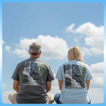 Burgess Falls 100% Cotton T-Shirt - 77-year-old man in the Charcoal Gray tee and the 27-year-old blonde woman in the Light Blue tee, sitting crisscross applesauce side-by-side, photographed from behind father & Daughter in Sparta TN