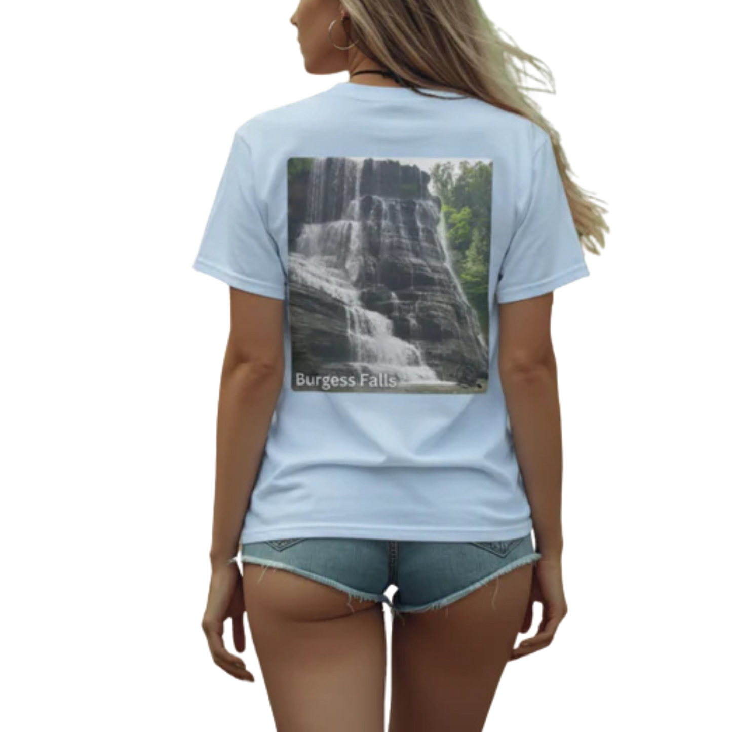 Burgess Falls 100% Cotton Tee Paddle Frogs™ Skate & Paddle lady model on a transparent background