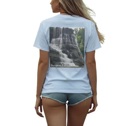 Burgess Falls 100% Cotton Tee Paddle Frogs™ Skate & Paddle lady model on a transparent background