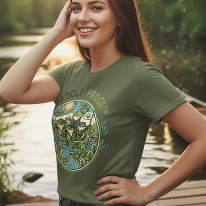 Woman wearing a green t-shirt with a frog graphic by a body of water