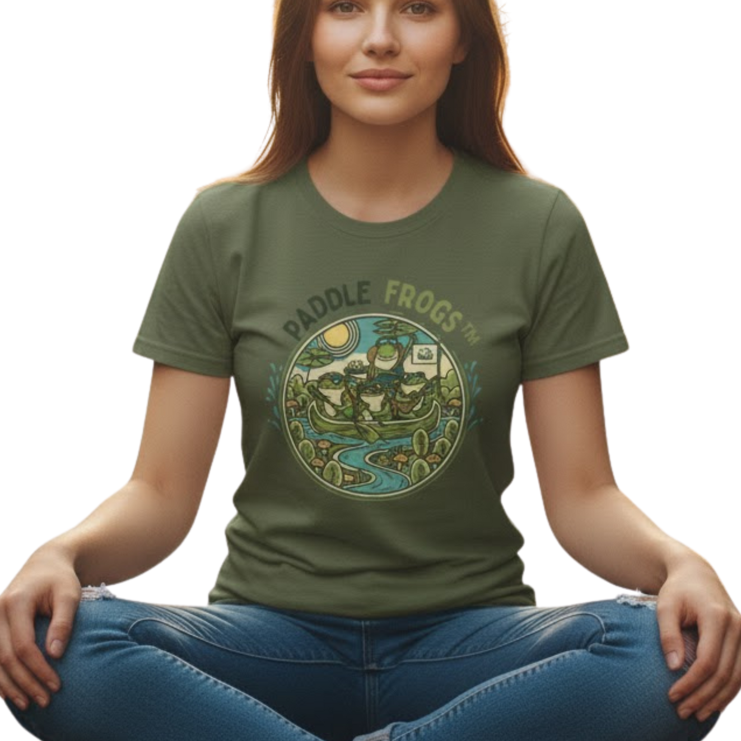 Woman wearing a green t-shirt with 'Paddle Frogs' design on a white background