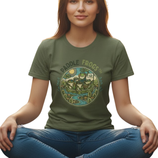 Woman wearing a green t-shirt with 'Paddle Frogs' design on a white background