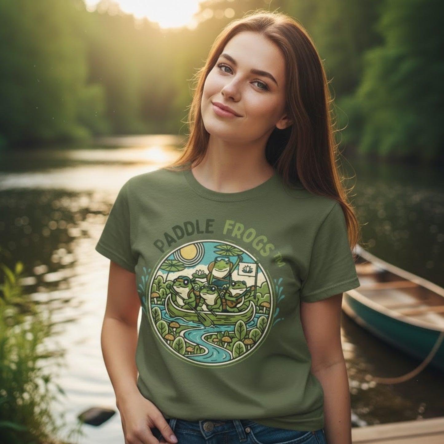 Woman wearing a green t-shirt with 'Paddle Frogs' design by a lake