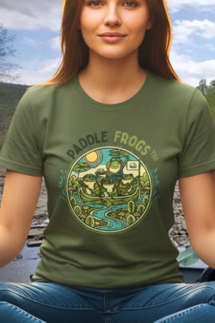 Woman wearing a green Canoe Voyage t-shirt with Paddle Frogs outdoor gear