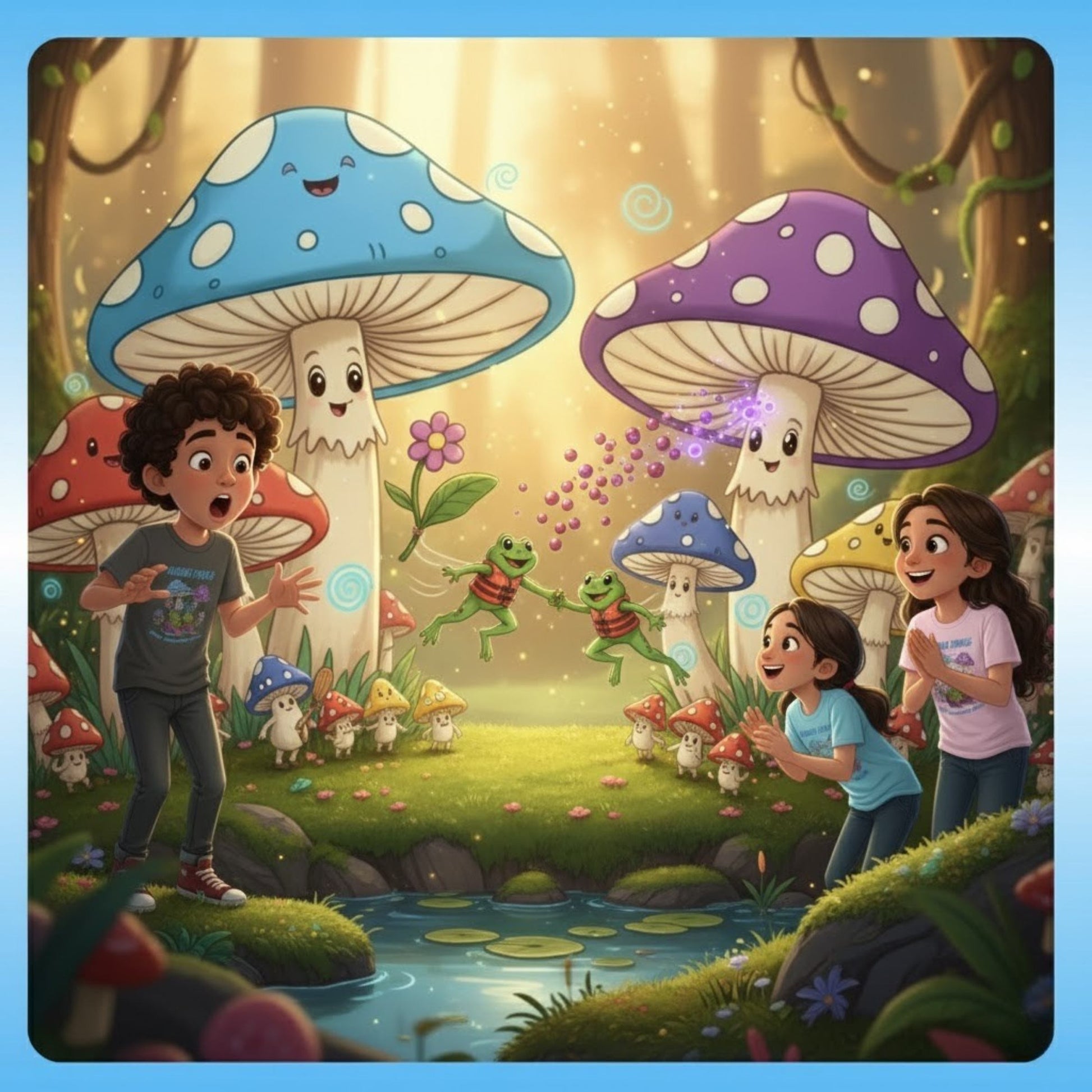 Cartoon Scene the children use their imagination | Magic Mushroom Forest Youth Tee - Paddle Frogs™ Kids