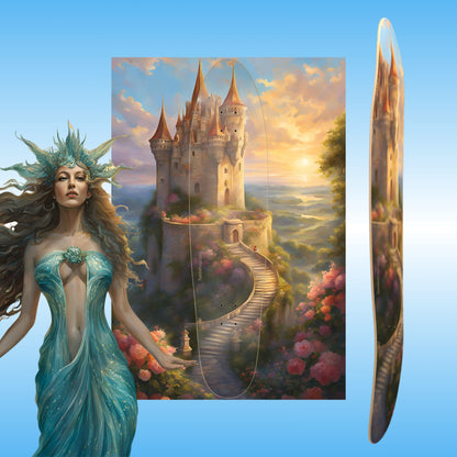 Castle Coaster | Longboard skateboard deck | Paddle Frogs | Fantasy scene with a woman in a teal dress and a castle in the background on a blue background.
