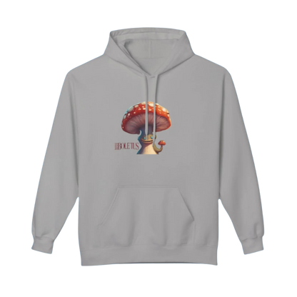 Boletus - Cement Gray hoodie with a mushroom graphic and text on a white background | by Paddle Frogs