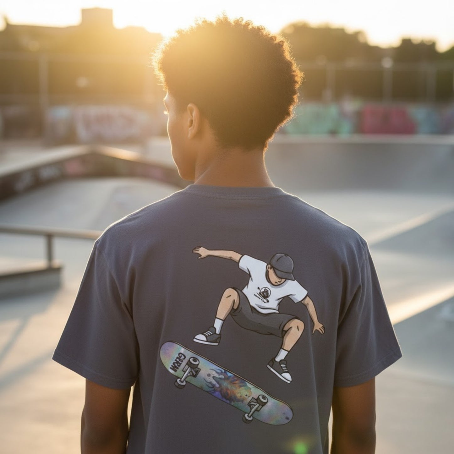Charcoal Grey Germ Skateboarder Kickflip Graphic Tee by Paddle Frogs™